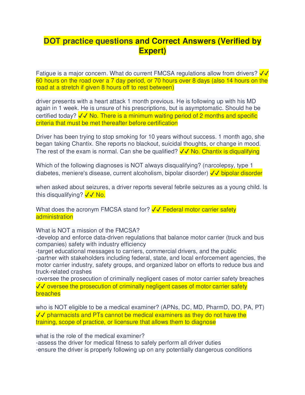 DOT practice questions and Correct Answers (Verified by Expert